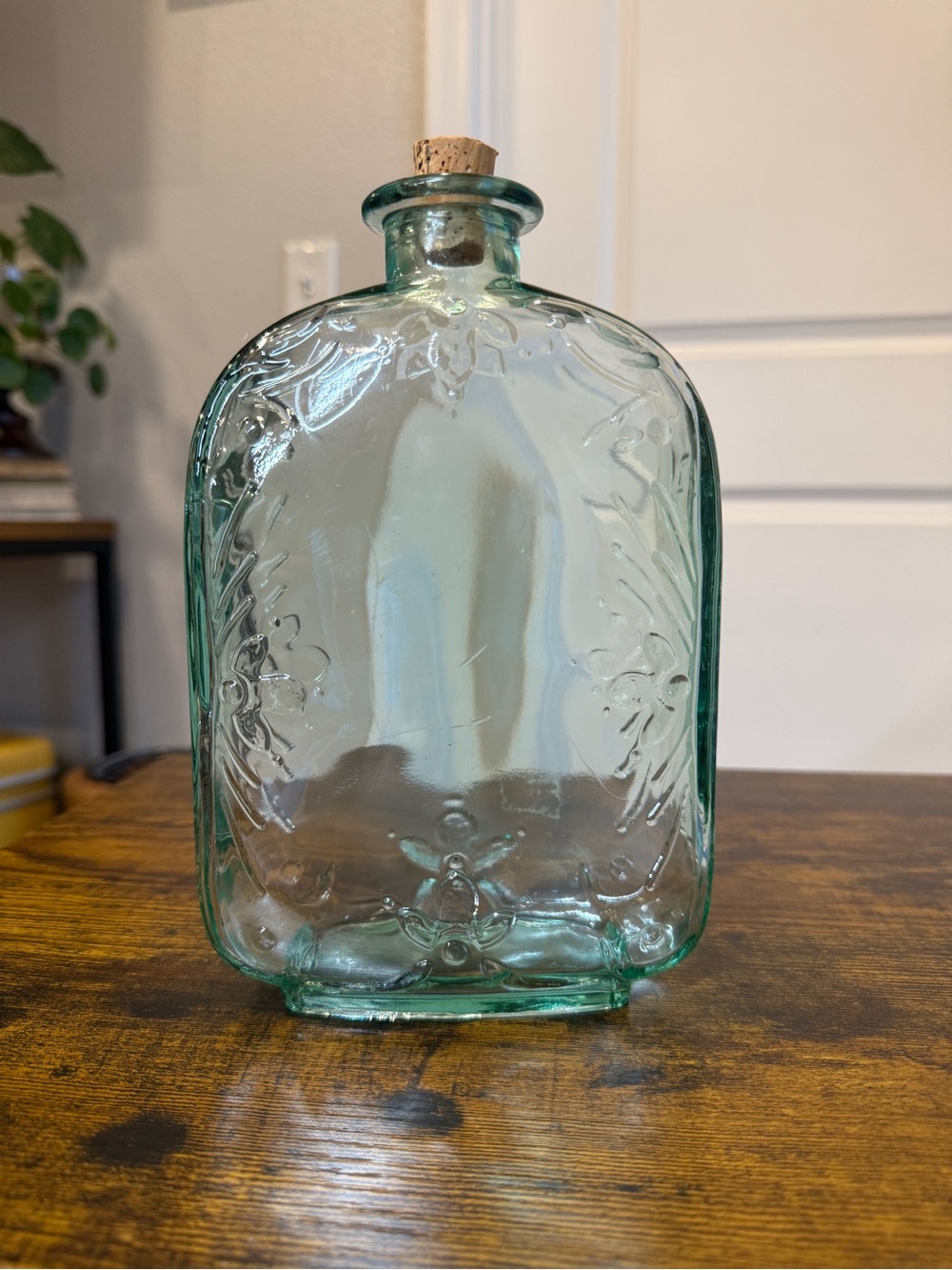 Aqua Green Embossed Floral Glass Bottle with Cork Stopper